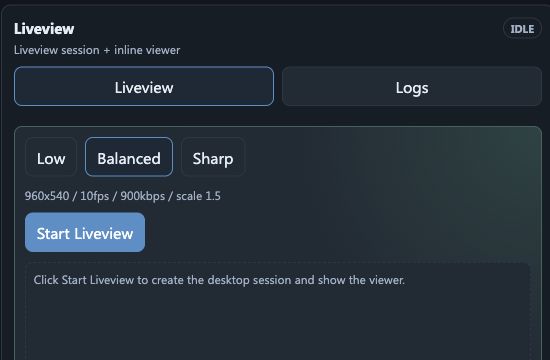 BrightBridge Liveview controls showing quality choices and Start Liveview